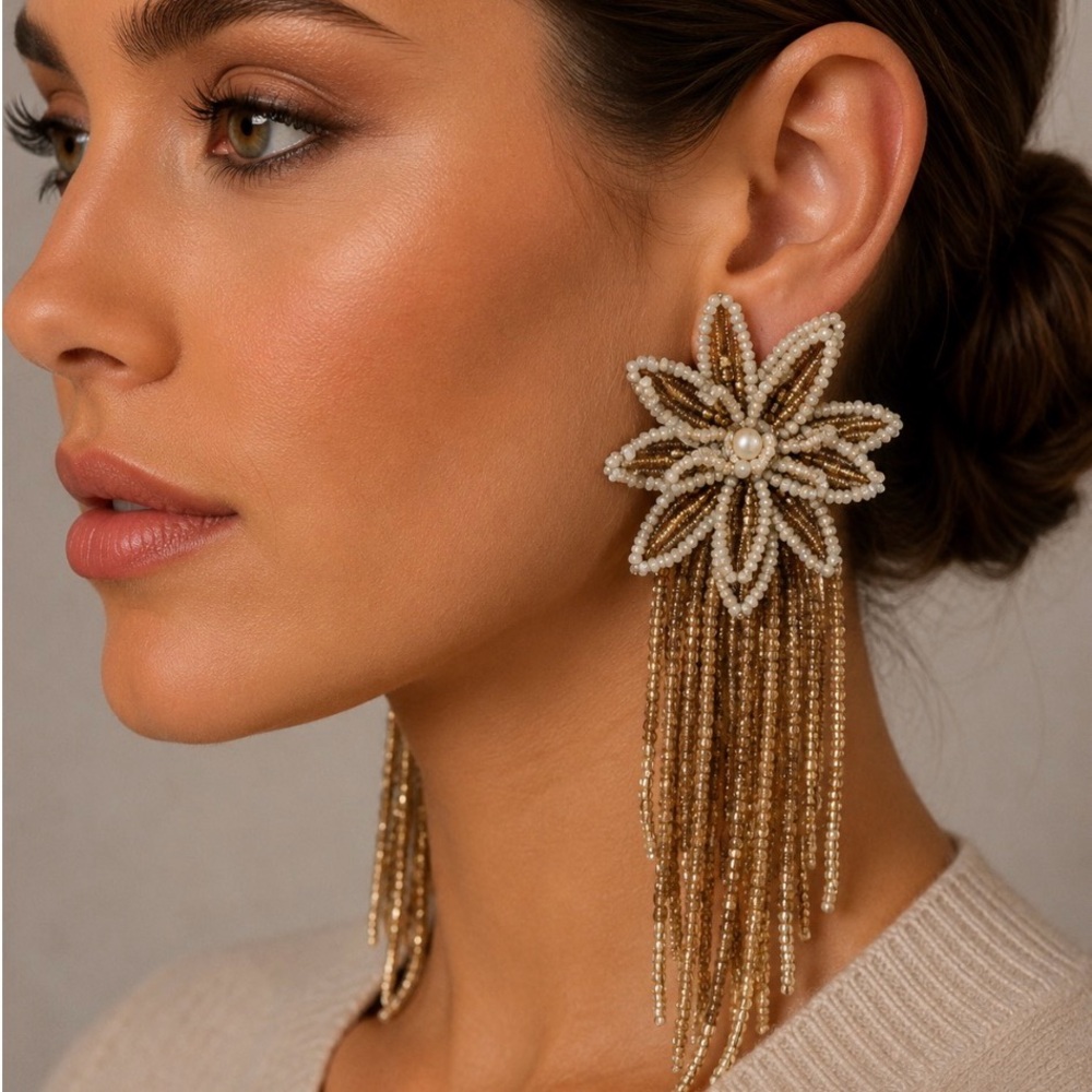 NWT Deepa Gurnani Gold & White Beaded Fringe Earrings